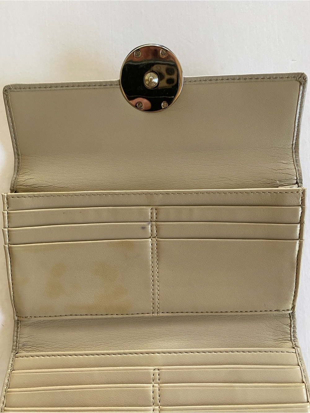 Coach Leather Trifold Clutch Wallet with Decorative Round Clasp - Taupe - Picture 4 of 5